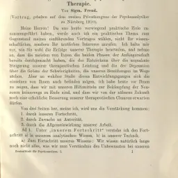 Opening page of Sigmund Freud's “Die zukünftigen Chancen der psychoanalytischen Therapie”, his address to the Nuremberg congress, as first published in the Zentralblatt für Psychoanalyse, vol. 1, no. 1/2, 1910